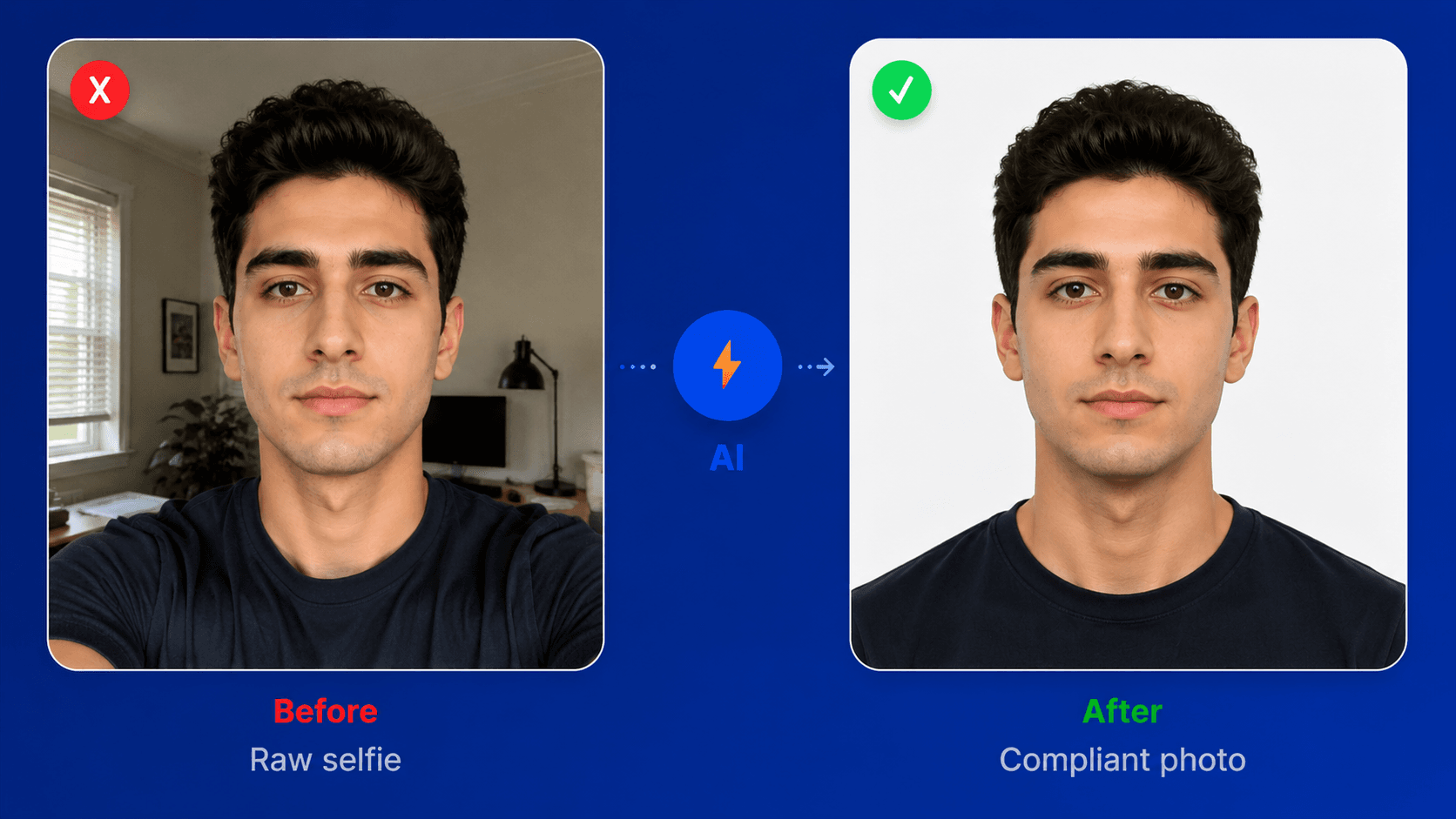 Before and after: a raw selfie transformed by AI into a compliant passport photo