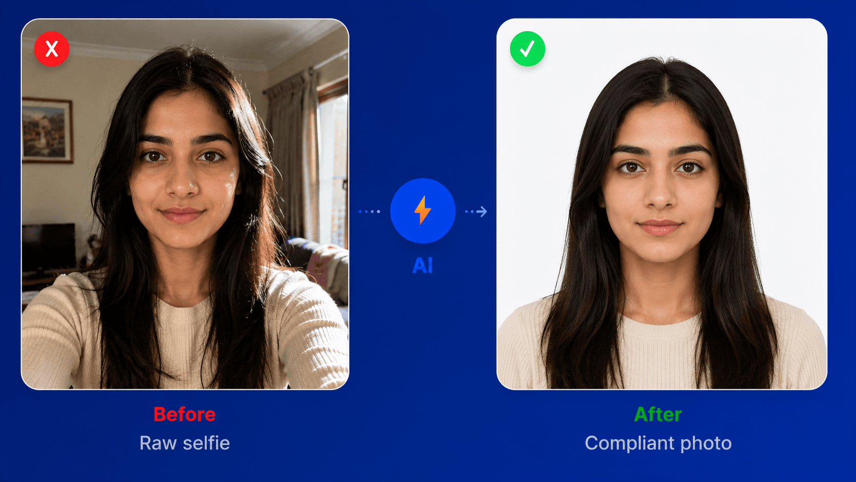 Before and after: a raw selfie transformed by AI into a compliant passport photo